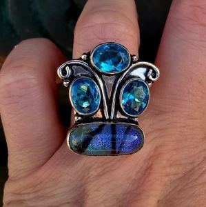 New Unique Dichroic Glass & Blue Topaz 925 Silver Ring.